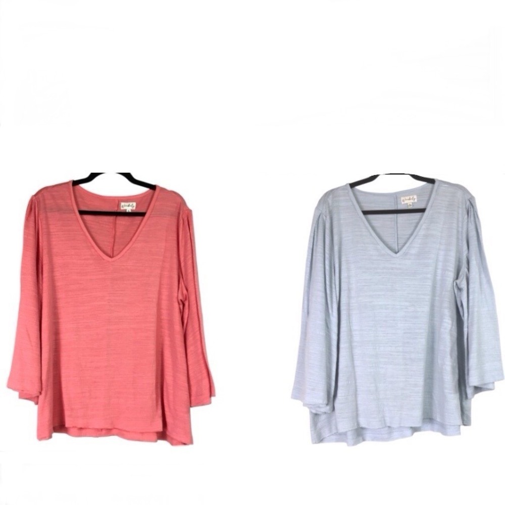 Wonderly Bundle XL Coral Pink Lt Blue Slub Knit V-Neck 3/4 Bell Sleeve Blouse‎